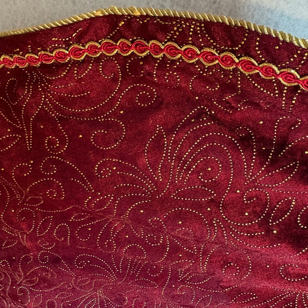Burgundy Velvet Christmas Tree Skirt 46 Inch Gold Glitter Scroll Holiday Decor - Picture 1 of 4